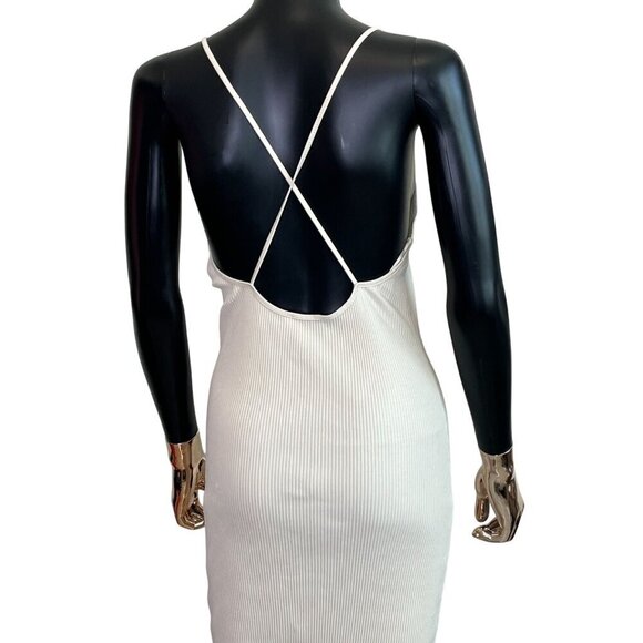 Zara Beige Ribbed Knit Midi Dress Small – Square Neck Crisscross Back - Picture 8 of 12